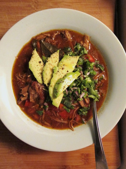 Brisket chili with avocado